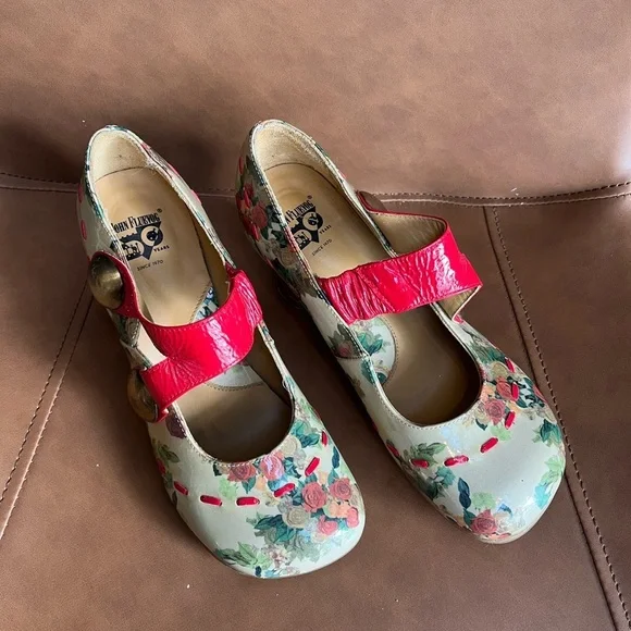 Fluevog Floral Mary Jane Heels with Red Strap - Picture 2 of 8
